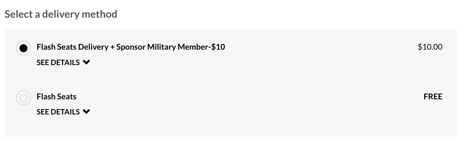 Flash seats delivery method drop down